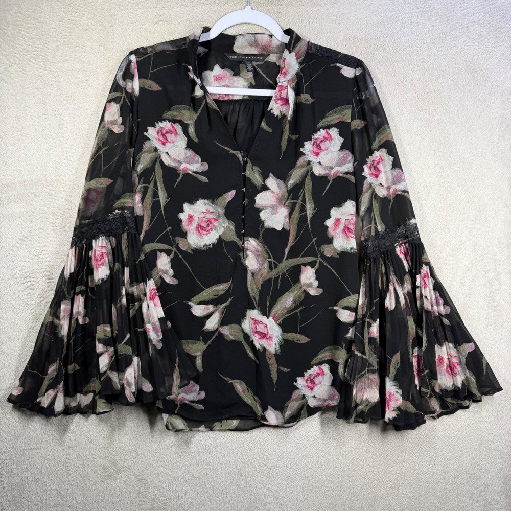 White House Black Market Blouse Women 4 Black Floral Bell Sleeve Lace Romantic
